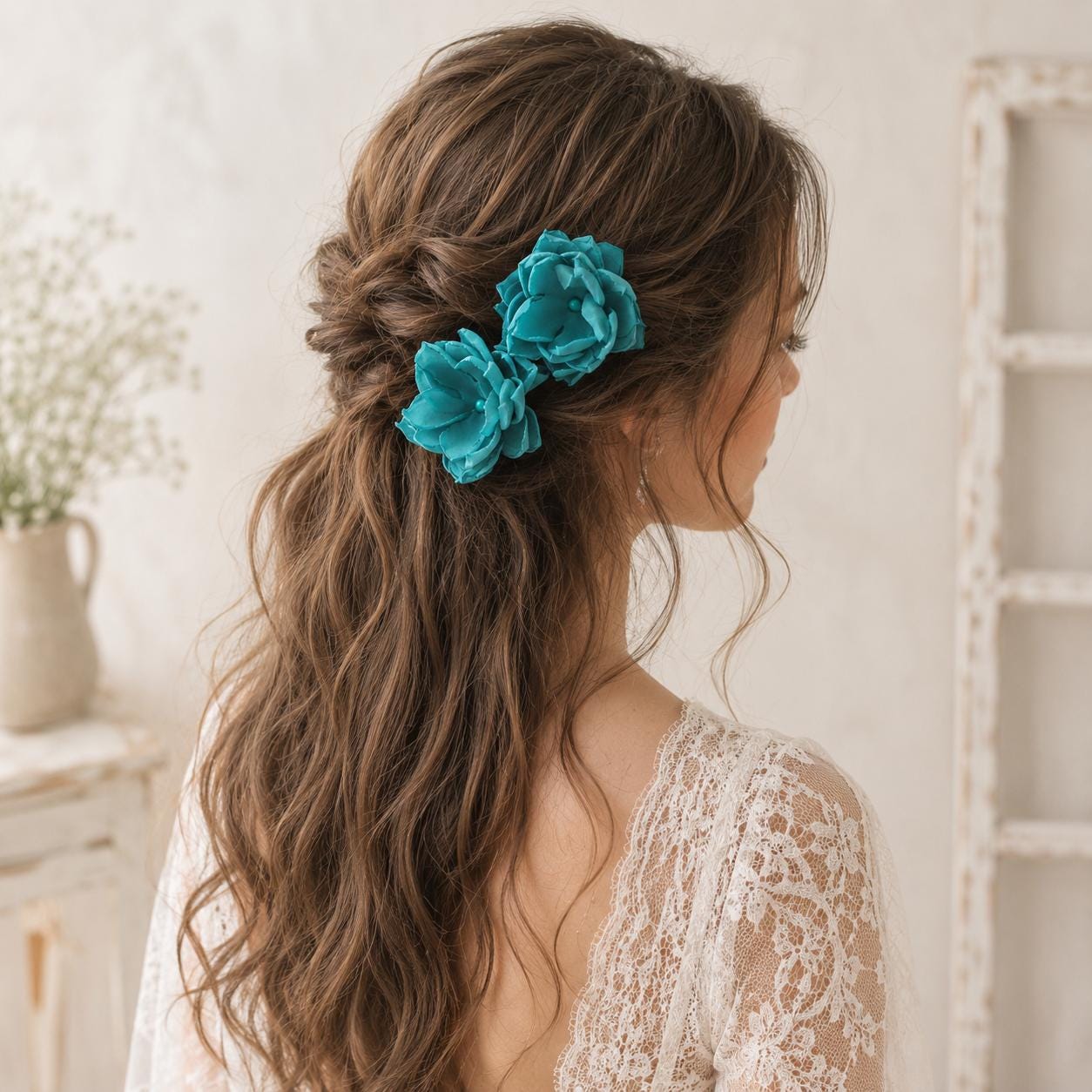 Bridal Hair Clip Silver Tone Teal Blue Diamante Double Flower 90mm Bridal High Quality Swarovski Teal (Blue Zircon) Floral Crystal  main image 2