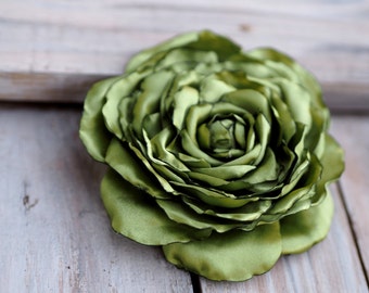 Olive Green Flower Brooch Pin, Flower Clip Lime Green, Green Flower Pin Hair, Satin Silk Flower Pin for Dress, Fabric Green Flower Hair Clip