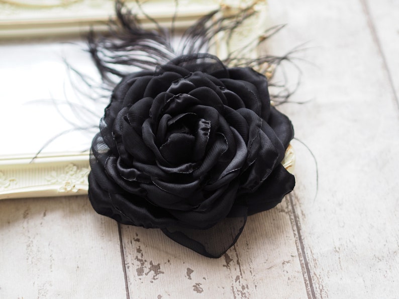 Black Rose Hair Clip, Black Hair Flower, Black Feather Brooch Rose, Black Flower Hair Accessory, Black Fascinator, Black Wedding Flower Pin image 8