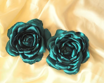 Deep Green Flower Brooch, Emerald Green Flower Pin, Corsage Flower Clip, Silk Flower Pin for Dress, Petrol Flower Hair Clip, Teal Flower Pin