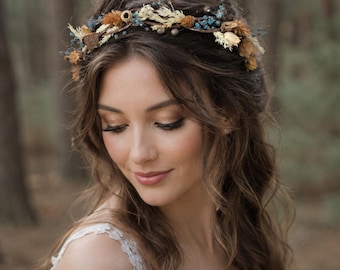 Woodland Bridal Crown, Dried Flower Crown, Forest Wedding Headpiece, Boho Bridal Halo, Rustic Flower Crown, Nature Wedding Hair Wreath