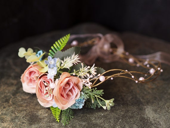 Corona de flores azul rosa para adultos, tiara de flores pastel, boda de  tocado de hadas