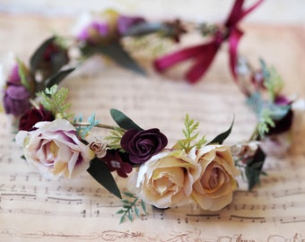 Diadème rose ivoire, couronne de mariage roses, couronne de maternité pour séance photo, bandeau bohème, coiffe de fleurs ivoire bordeaux, couronne de festival