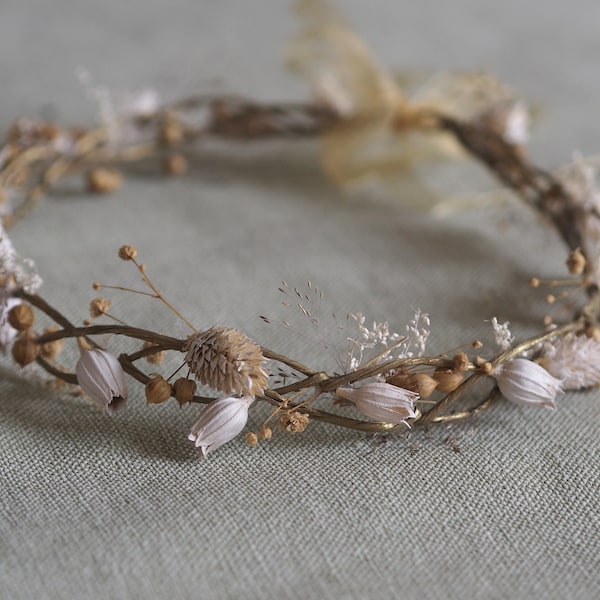 Bandeau des bois fleurs séchées, casque nature gypsophile, couronne de fleurs de fée des bois, morceau de tête de mariage des bois, cheveux de liane forêt