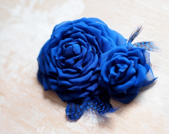 Blue Rose Hair, Royal Blue Fabric Brooch, Royal Blue Wedding Hair Accessories, Blue Hair Flowers Clip, Silk Fabric Flowers, Navy Blue Brooch