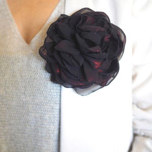 Black Flower Brooch, Fabric Brooch Pin, Dark Floral Accessory, Black Corsage Pin Boho, Evening Wear Shoulder Brooch, Silk Flower Lapel Pin