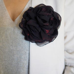 Black Flower Brooch, Fabric Brooch Pin, Dark Floral Accessory, Black Corsage Pin Boho, Evening Wear Shoulder Brooch, Silk Flower Lapel Pin