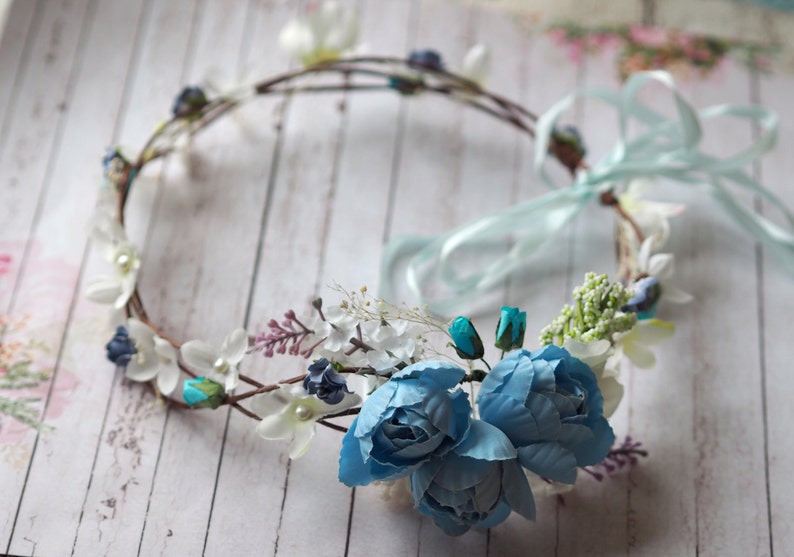 Bridesmaid Crown Bridal Circlet Woodland Head Wreath Flower Girl Crown Blue Flower Crown Spring Hair Crown Rose Bridal Crown
