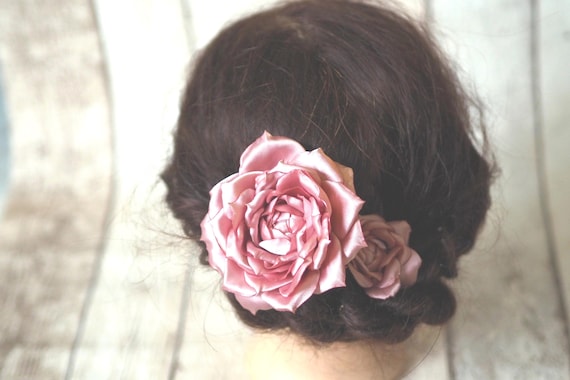 Dusty Rose Satin Flower Hair Clip Brooch, Blush Pink Rose Corsage