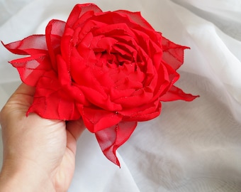 Pince à cheveux rose rouge, accessoires pour cheveux de mariée, épingle à cheveux rose, fleur pour cheveux roux, broche fleur rouge, cadeau rose rouge pour femme, accessoire de cérémonie rouge