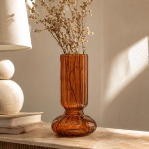 Ribbed Glass Vase, Nordic Retro Fluted Vessel, Teal Smoke Gray Amber (17-20cm)