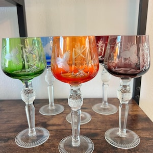 Vintage German Cut-to-Clear Crystal Wine Glasses – Rainbow Jewel Tones, Faceted Ball Stems