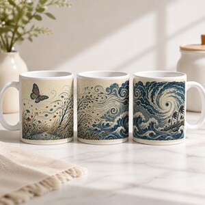 Butterfly Effect Mug, Chaos Theory Full Wrap Coffee Cup, Vintage Wave Ceramic Mug, Science Physics Teacher Gift, Japanese Woodblock Art Cup
