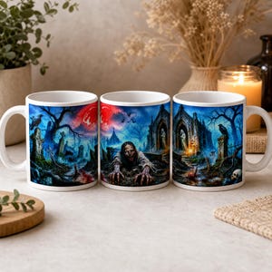 Caneca Cemitério Zumbi Gótico, Caneca de Cerâmica Lua de Sangue Horror, Caneca de Café Cemitério Assombrado, Presente de Halloween Cripta Assustadora, Utensílios de Bebida Sombrios e Macabros
