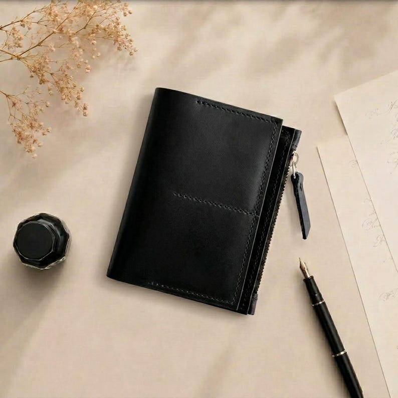 May include: A black leather bifold wallet featuring a vertical side zipper with a matching leather pull tab. The wallet has a smooth, matte finish with visible stitching along the edges and a central horizontal seam across the front panel.