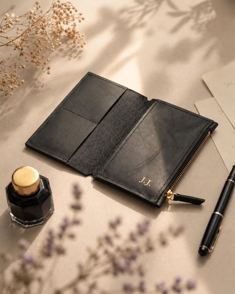 Open black Crazy Horse full grain leather notebook insert photographed on a warm cream desk. The matte black leather shows natural grain, subtle tonal texture and neat black stitching. Two flat card pockets appear on the left, while the right side has a larger stitched storage pocket with a gold-tone zipper and black leather pull. Gold “J.J.” initials are engraved near the lower corner. An ink bottle, fountain pen, paper and dried flowers surround the organizer.