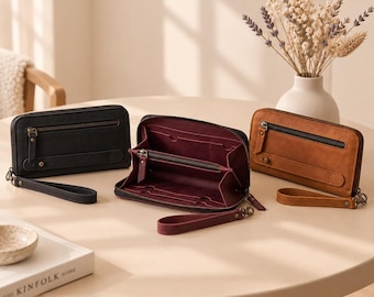 Personalized Wallet, Leather Wallet Women, Wristlet Wallet, Leather Clutch, Leather Zip Wallet, Engraved Wallet, Long Leather Wallet