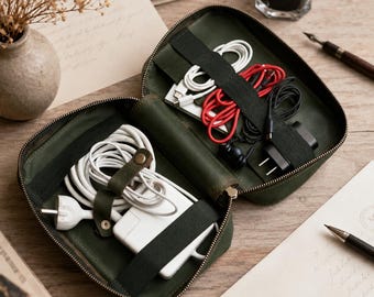 Leather Tech Case, Cable Organizer Bag, Travel Tech Pouch, Leather Cord Case, Charger Organizer, Electronics Case, Travel Cable Case