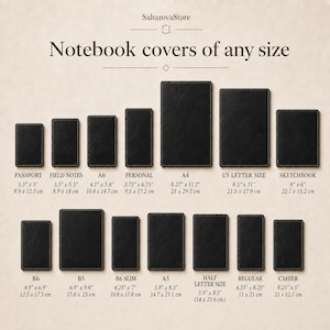 May include: A collection of black rectangular notebook covers in various sizes, arranged in two rows. Text labels include SaharovaStore, Notebook covers of any size, and specific dimensions in inches and centimeters for each size, such as Passport, A4, and B6.