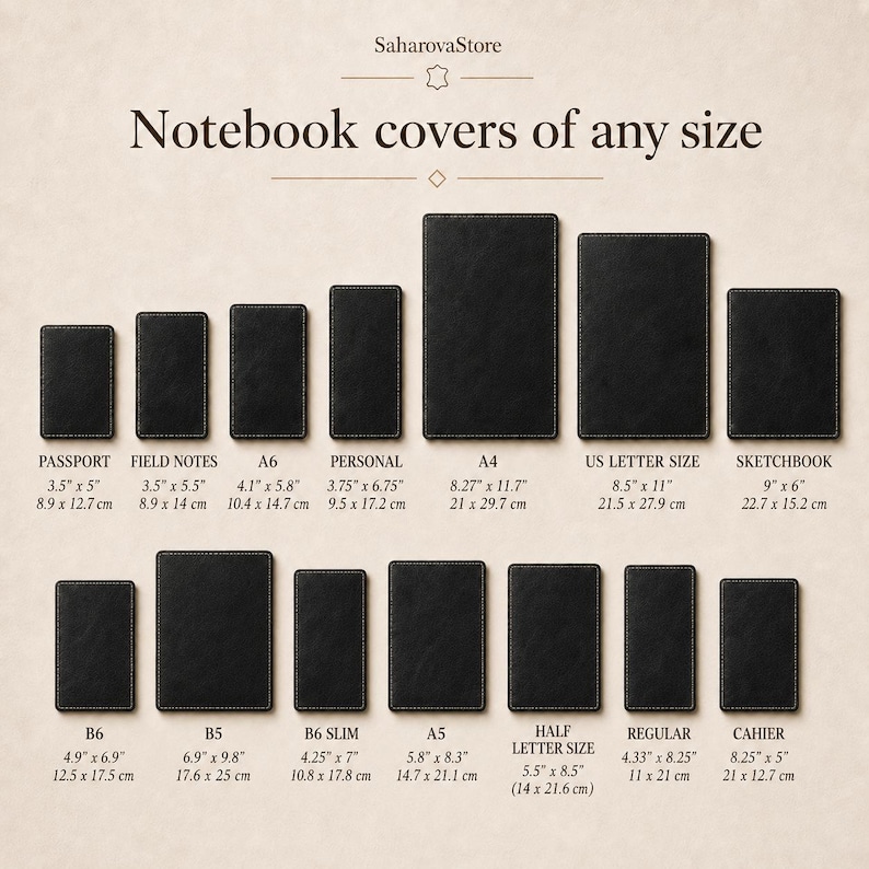 May include: A collection of black rectangular notebook covers in various sizes, arranged in two rows. Text labels include SaharovaStore, Notebook covers of any size, and specific dimensions in inches and centimeters for each size, such as Passport, A4, and B6.