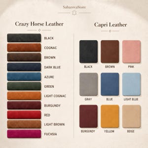 May include: A color chart from SaharovaStore displaying two leather types. Crazy Horse Leather includes black, cognac, brown, dark blue, azure, green, light cognac, burgundy, red, light brown, and fuchsia. Capri Leather includes black, brown, pink, gray, blue, light blue, burgundy, yellow, and beige.