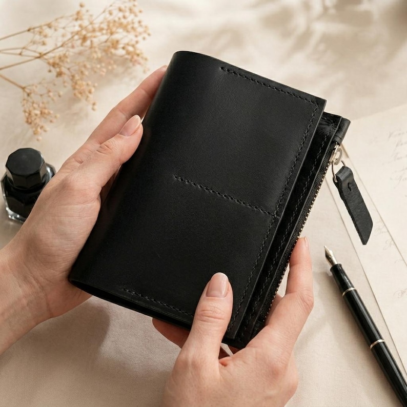 May include: A black leather wallet featuring a smooth finish, visible stitched detailing, and a side zipper closure with a matching leather pull tab. The wallet has a rectangular shape with rounded corners and a clean, minimalist construction.