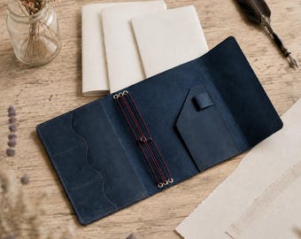 May include: A dark blue leather traveler's notebook cover featuring internal pockets, a pen loop, and three thin red elastic cords for securing paper inserts. The interior displays a smooth matte finish with visible stitching and metal eyelets.