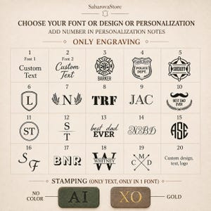 May include: A grid of twenty black engraving options for personalization, including various fonts, monograms, and symbols like a fire department badge, police shield, sheriff star, and mustache. Below, two rectangular swatches show no color and gold stamping.