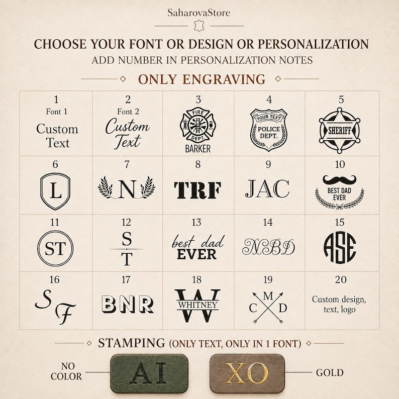 May include: A grid of twenty black engraving options for personalization, including various fonts, monograms, and symbols like a fire department badge, police shield, sheriff star, and mustache. Below, two rectangular swatches show no color and gold stamping.