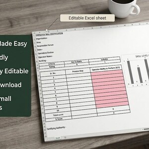 May include: An editable Excel sheet template for operator skill certification featuring a table with rows for process steps, a pink column for operator ability scores, and a bar graph titled Skill Level Chart, alongside a dark green list of features.