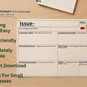 May include: An A3 landscape format issue tracking template measuring 420 x 297mm. The document features sections for Issue, Name, Status, Issue Reported Date, Customer Voice, Containment Action, Photo/Information, Root Cause, Preliminary Analysis, Action, and Action Effectiveness. Text includes Tracking Made Easy, User Friendly, Completely Editable, Instant Download, and Useful For Small Businesses.