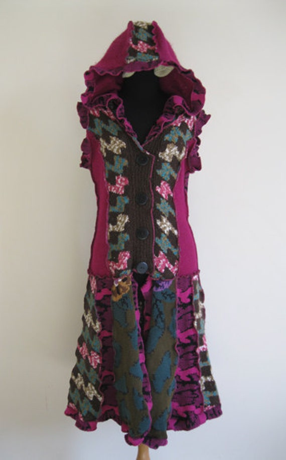 Items similar to Upcycled womens 3/4 length sweater with button closure and hoodie on Etsy