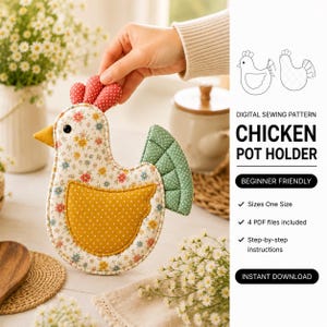 Chicken Oven Mitt Sewing Pattern | Chicken Pot Holder Pattern | Kitchen Hot Pad | Farmhouse Potholder | Beginner Digital Pattern,chicken pdf