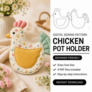 Chicken Oven Mitt Sewing Pattern | Chicken Pot Holder Pattern | Kitchen Hot Pad | Farmhouse Potholder | Beginner Digital Sewing Pattern
