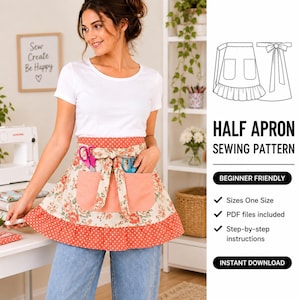 Patron de couture PDF pour demi-tablier, tablier à poches, patron facile pour adulte, tablier à imprimer, liens ajustables, téléchargement instantané