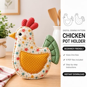 Chicken Oven Mitt Sewing Pattern PDF, Libby Ruffle Tail Chicken Potholder, Farmhouse Kitchen Hot Pad, Beginner Digital Sewing Pattern