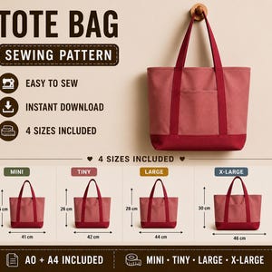 May include: A sewing pattern for a tote bag featuring a two-tone design with a pink body and dark red base and straps. The image displays four sizes: Mini (25 cm by 41 cm), Tiny (26 cm by 42 cm), Large (28 cm by 44 cm), and X-Large (30 cm by 46 cm).