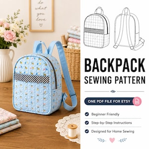 Puede incluir: Una mochila acolchada de color azul claro con un pequeño estampado floral, una banda horizontal a rayas blancas y negras y correas azules a juego. La imagen incluye el texto BACKPACK SEWING PATTERN, ONE PDF FILE FOR ETSY y otros detalles.