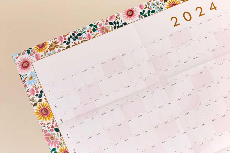 2024 large landscape Year Wall Planner Calendar with bright flowers pattern border