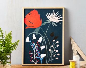 Red Flower on Blue Art Print A4