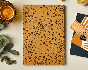 A5 Lay flat Mustard Leopard Print Notebook. Luxury A5 lined journal with page numbers and contents page. Beautiful gift