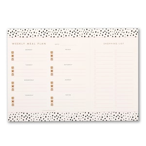 A4 Weekly Meal Planner notepad, Mini Dalmatian Spot Animal Print design with tear off shopping list