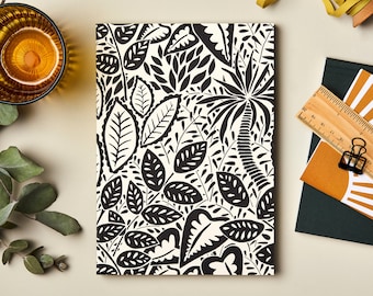 A5 Lay flat Jungle Leaves Notebook. Luxury A5 lined journal with page numbers and contents page. Beautiful gift for a plant lover
