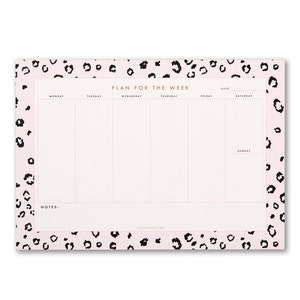 A4 Weekly Planner Desk Pad, Pink Leopard Print To Do List Organiser or meal planner, 50 tear off sheet notepad