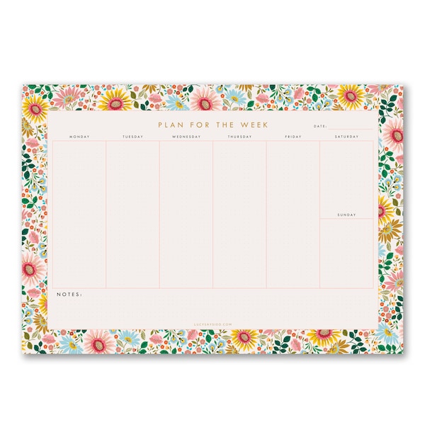 A4 Weekly Planner Desk Pad, Bright Flowers design, To Do List Organiser or meal planner, 50 tear off sheet notepad