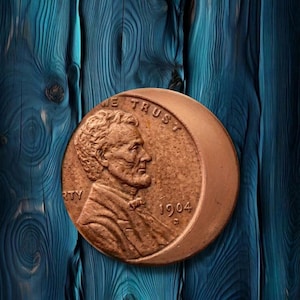 Pode incluir: Uma moeda circular de cor cobre com um retrato de perfil de Abraham Lincoln voltado para a direita. O texto WE TRUST é visível no topo e o ano 1904 está estampado no lado direito. A moeda possui uma borda elevada e superfície texturizada.