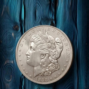 May include: A silver-coloured Morgan dollar coin dated 1888, featuring a profile of Lady Liberty wearing a cap with wheat and cotton, surrounded by the text E PLURIBUS UNUM and thirteen stars along the circular edge of the coin's face.
