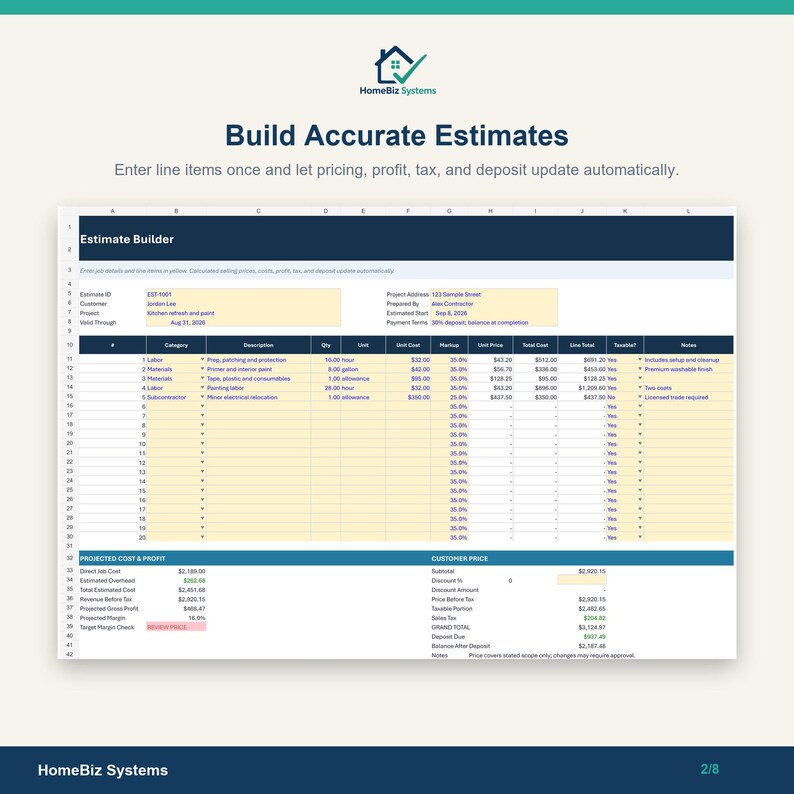 Contractor Estimate & Job Costing Spreadsheet, Excel Bid Calculator ...