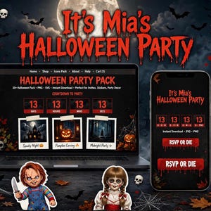 May include: A digital display featuring It's Mia's Halloween Party with a laptop and smartphone showing countdown timers, surrounded by stickers of a clown, a nun, a doll, a witch, a vampire, and pumpkins against a dark, spooky forest background.