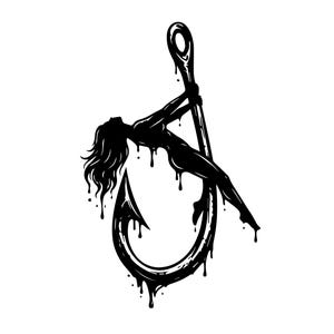 May include: A black and white graphic illustration featuring a silhouette of a figure with long flowing hair draped over a large fishing hook. The design includes dripping liquid effects along the edges of both the figure and the hook.